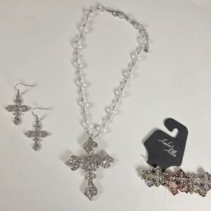 Elegant Silver Cross Necklace, Bracelet, and Earring Set